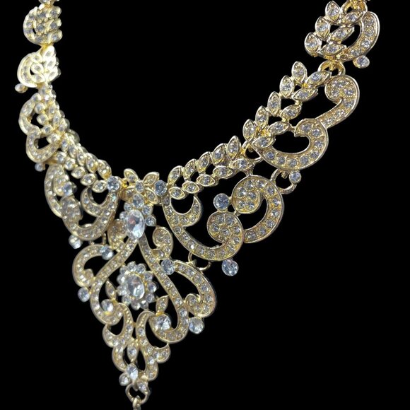 Gold Rhinestone Statement Necklace Earring Set Wedding Glam Elegant Jewelry - Picture 5 of 10